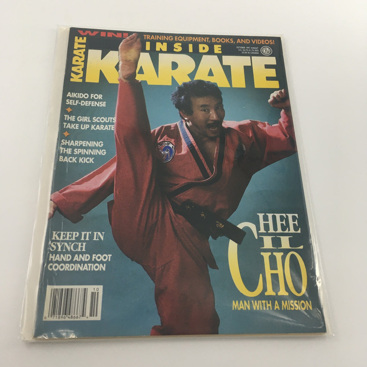 Cover of Inside Karate Magazine October 1991 featuring Hee Cil Cho, 'Man with a Mission'. The image showcases Cho demonstrating a high kick in a karate gi.