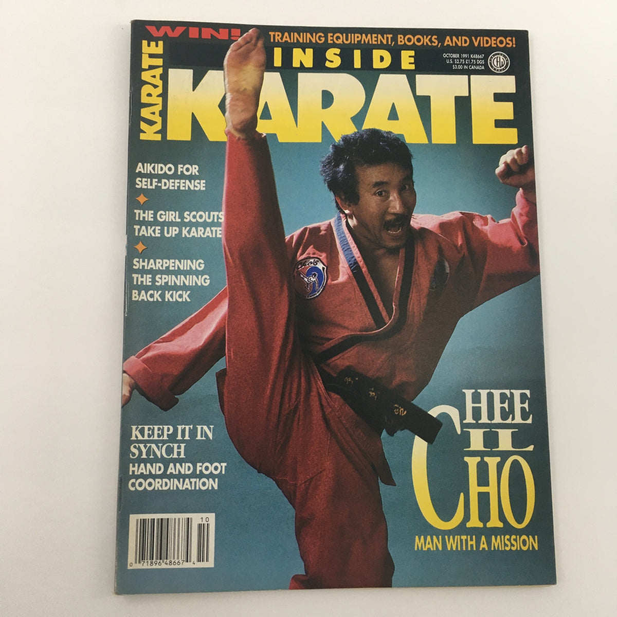 Front cover of Inside Karate Magazine for October 1991 depicting Hee Cil Cho, 'Man with a Mission', performing a high karate kick in a vibrant red gi.