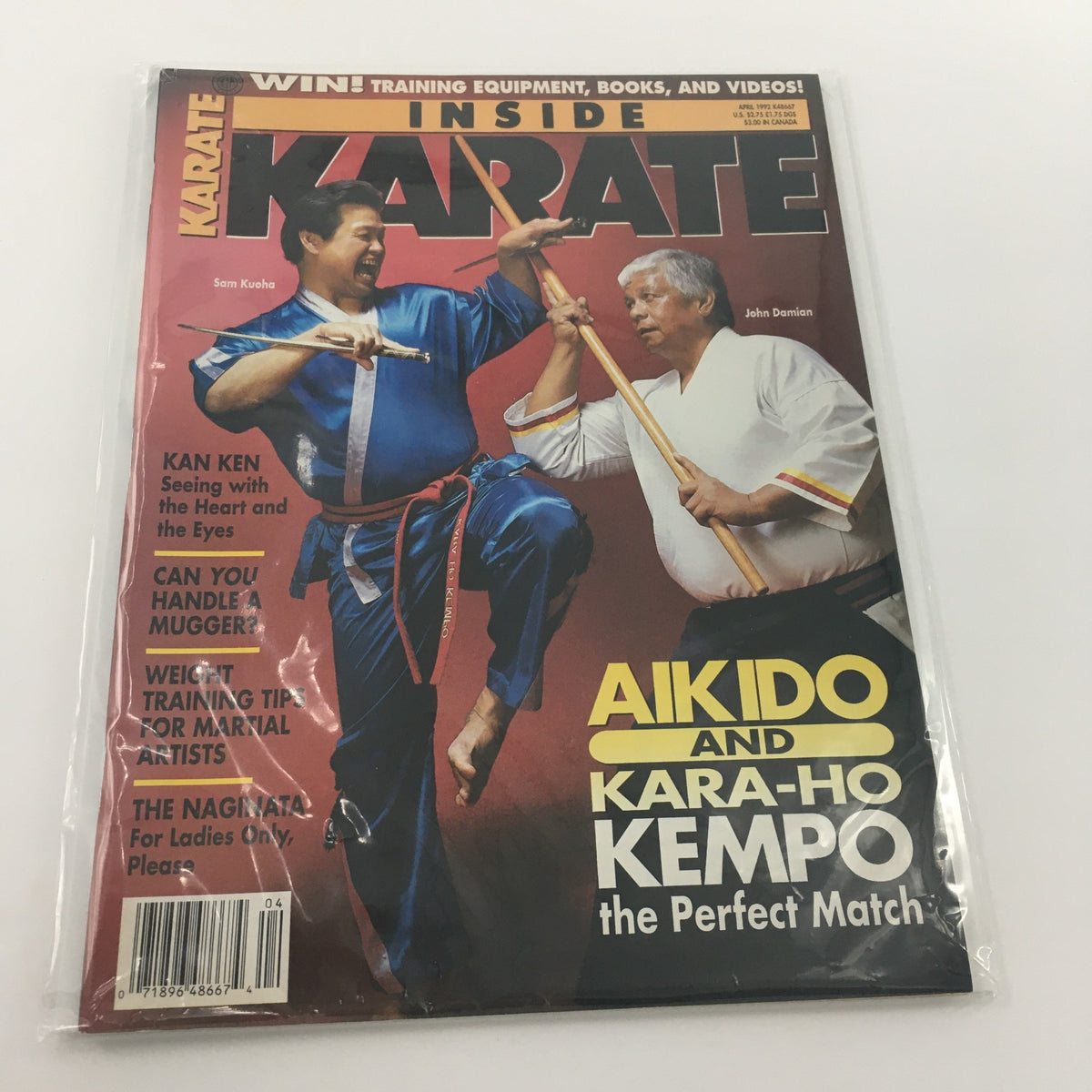 Cover of Inside Karate Magazine April 1992 featuring Sam Kuoha and John Damian demonstrating martial arts techniques. Highlights include articles on Aikido and Kara-Ho Kempo as well as self-defense tips.