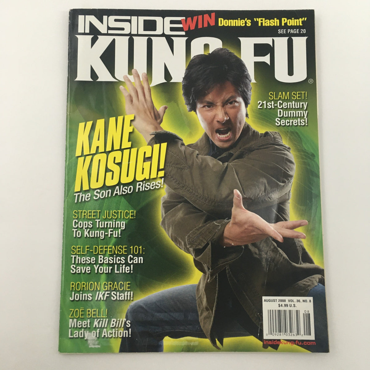 Front cover of Inside Kung-Fu Magazine August 2008 with Kane Kosugi prominently displayed, highlighting martial arts culture.