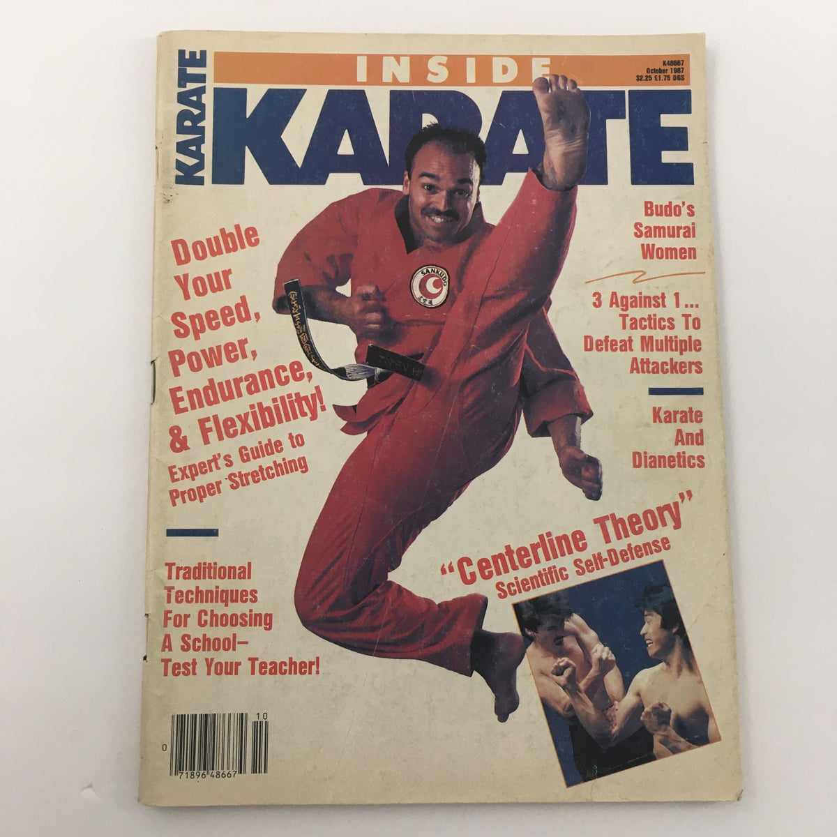 Inside Karate Magazine, October 1987 cover showcasing Centerline Theory, focusing on self-defense strategies. The image displays a martial artist in action, promoting tips for endurance and effective martial arts training.
