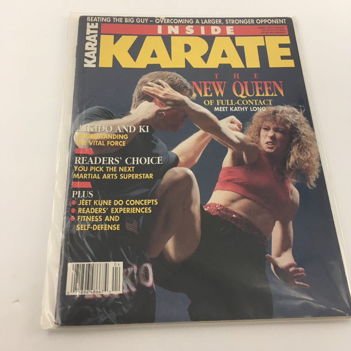 Inside Karate Magazine April 1991 cover featuring Kathy Long, the new queen of full-contact karate, showcasing martial arts techniques and insights.