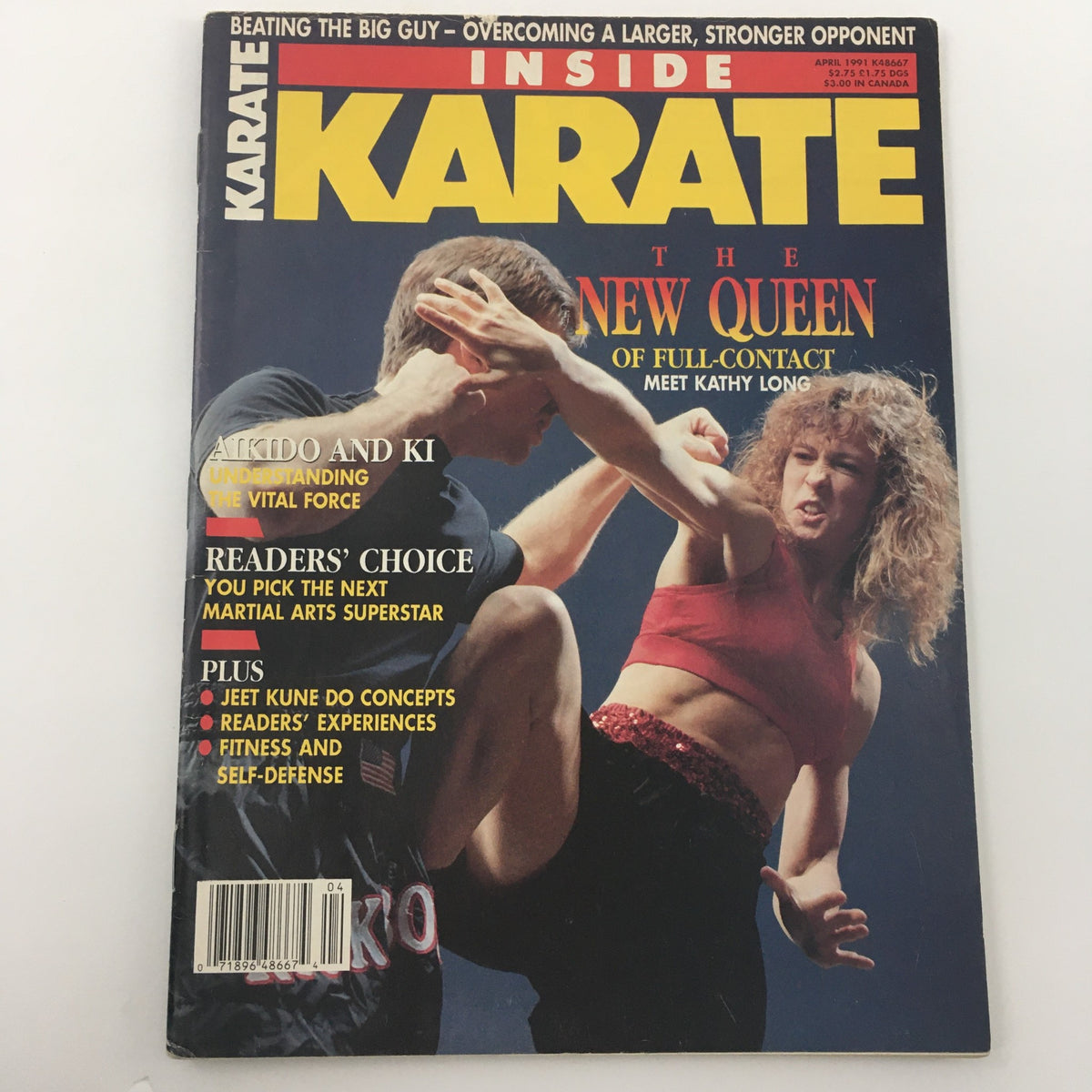 Inside Karate Magazine April 1991 edition featuring Kathy Long as the new queen of full-contact karate, with articles on martial arts skills and techniques.