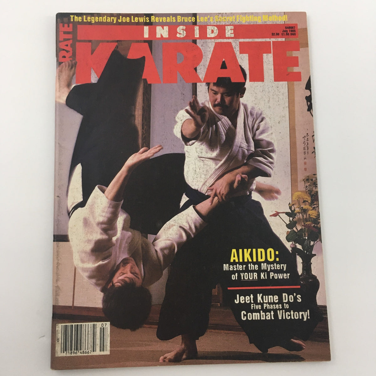 Close-up of Inside Karate Magazine July 1985 cover showcasing Jeet Kune Do's 5 Phases to Victory and Aikido techniques by martial artists.