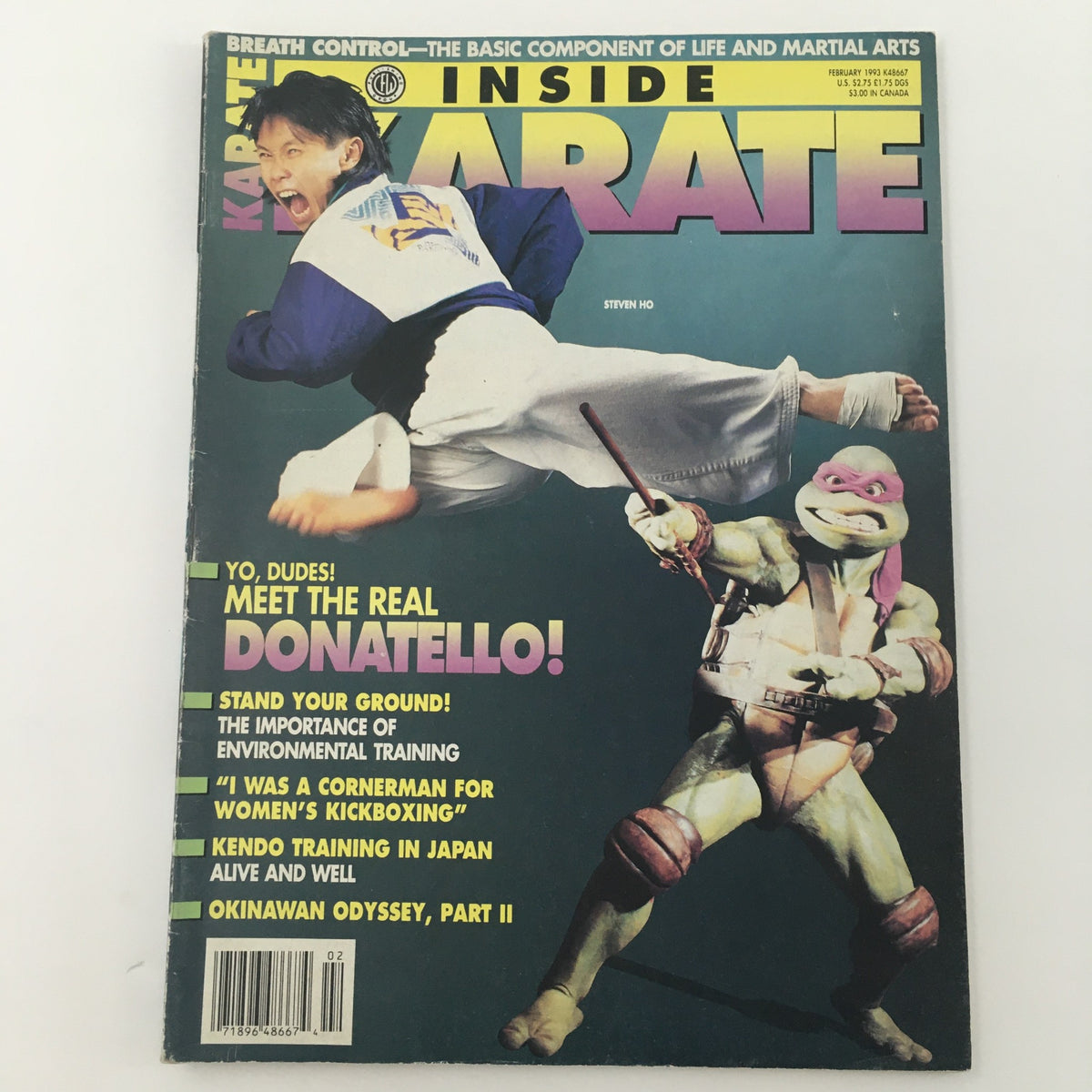 Inside Karate Magazine February 1993 featuring Steven Ho as 'The Real Donatello' on the cover, showcasing martial arts techniques and insights. The dynamic cover includes a martial arts action pose by Steven Ho along with a prominent image of Donatello from Teenage Mutant Ninja Turtles.