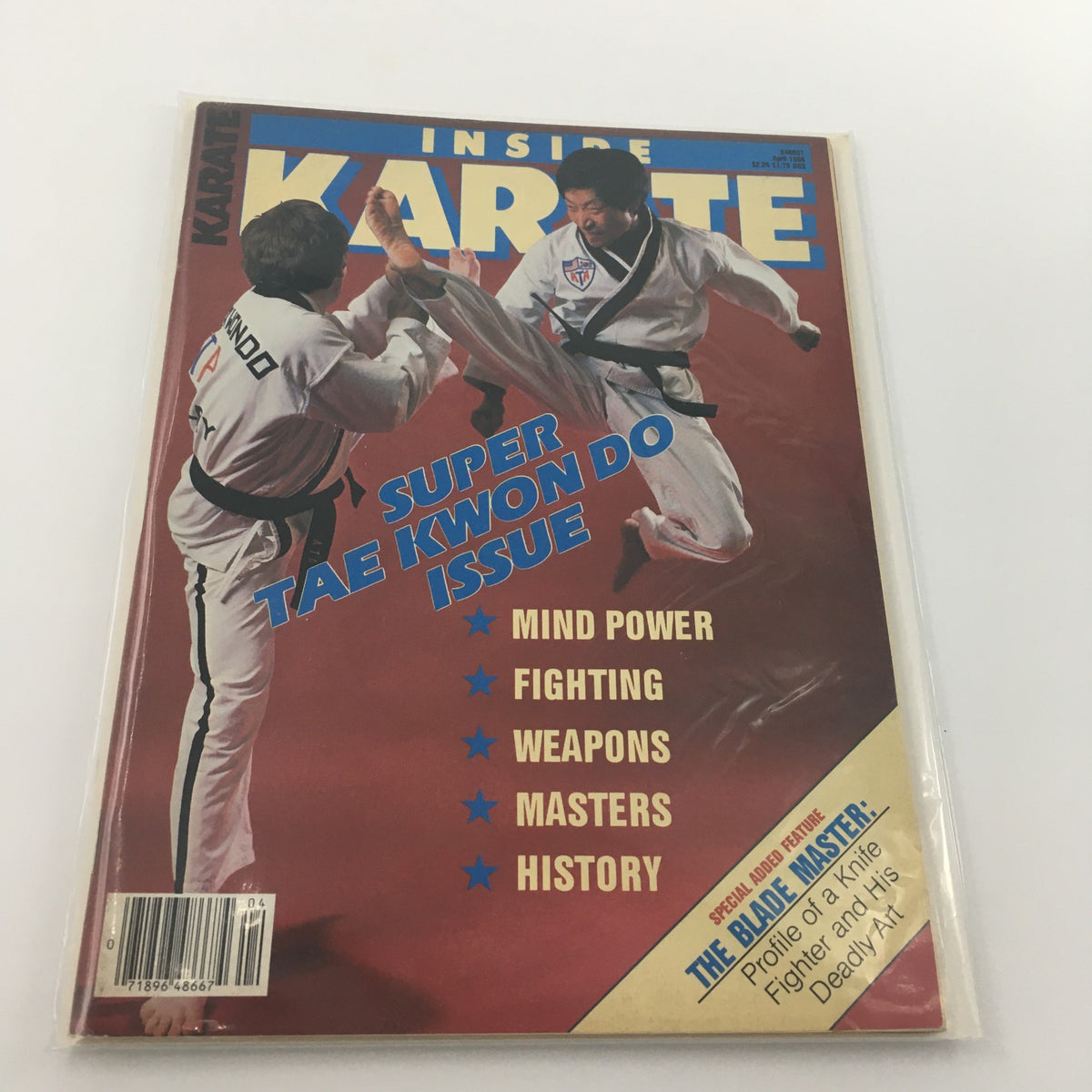 Cover of Inside Karate Magazine April 1986 Super Tae Kwon Do Issue featuring martial artists demonstrating techniques. Highlights include mind power, fighting, weapons, masters, and history.