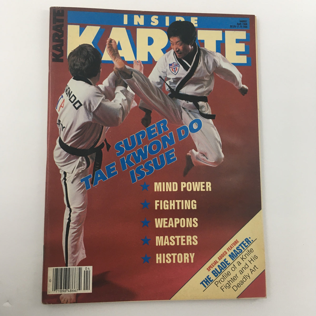 Front cover of Inside Karate Magazine April 1986 Super Tae Kwon Do Issue, showcasing martial arts action. Key features include mind power, fighting, weapons, masters, and history.