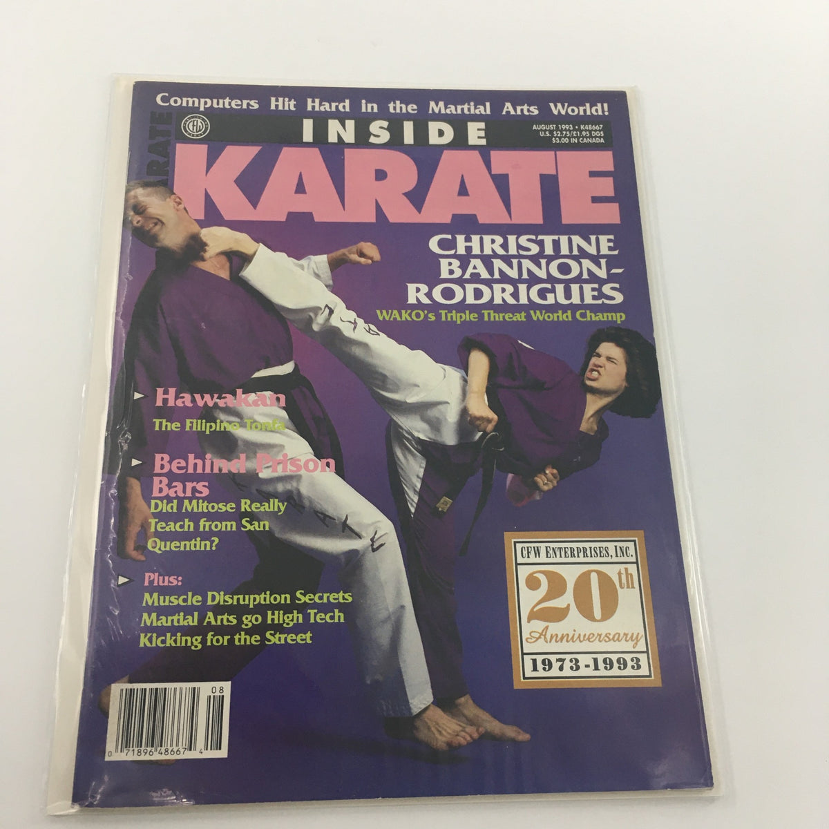 Inside Karate Magazine August 1993 featuring Christine Bannon-Rodrigues, a renowned karate champion, showcasing martial arts techniques and articles with a vibrant cover design.