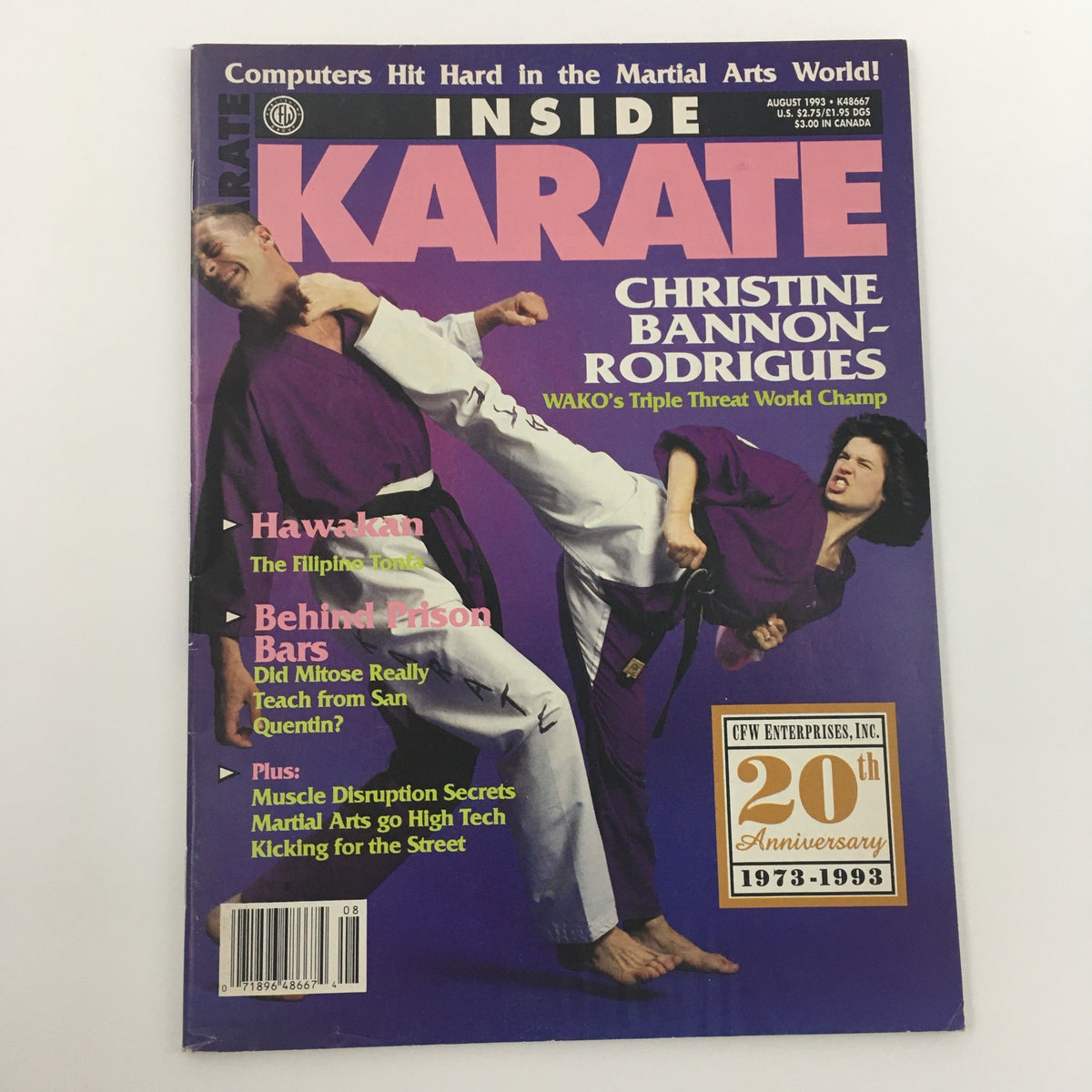 Inside Karate Magazine August 1993 with Christine Bannon-Rodrigues on the cover, highlighting her achievements and martial arts insights along with articles on training and competition.