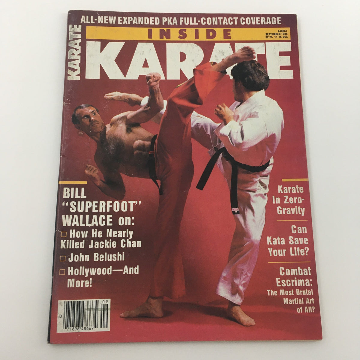 Cover of Inside Karate Magazine September 1985 with Bill 'Superfoot' Wallace performing a high kick, showcasing articles on karate training and martial arts culture.