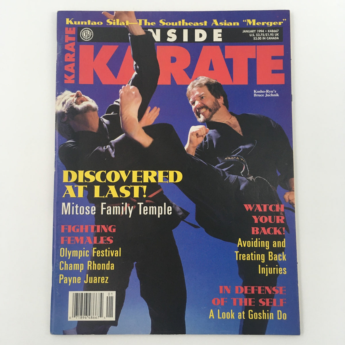 Inside Karate Magazine January 1994 showcasing a striking cover with karatekas engaged in action, highlighting Kosho Ryu's Bruce Juchnik.