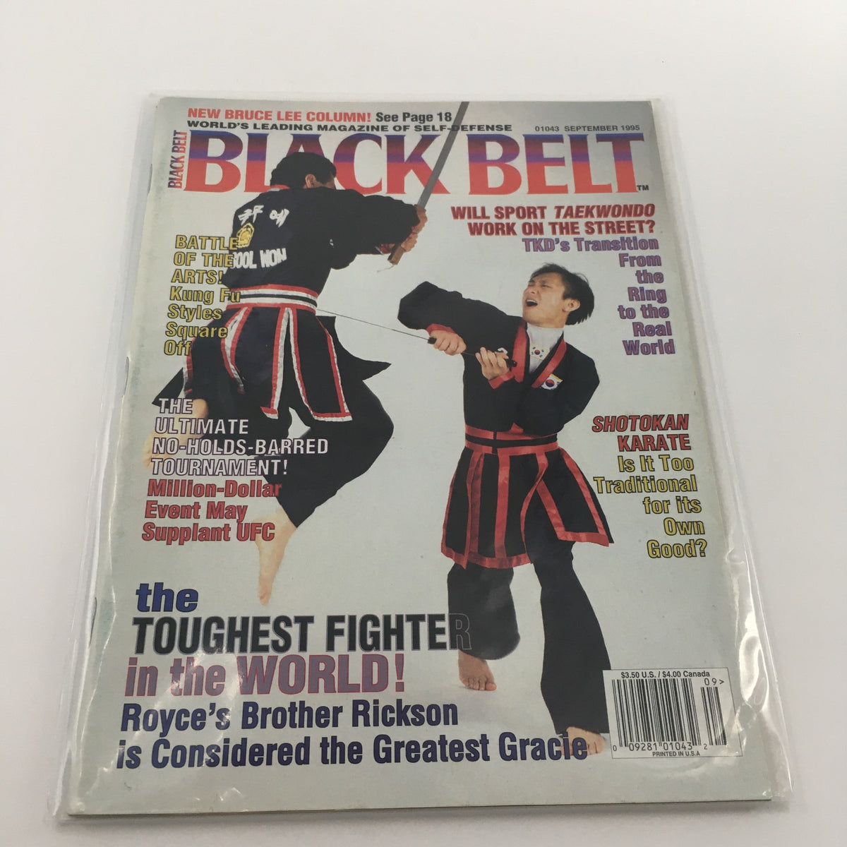 Cover of Black Belt Magazine September 1995 featuring martial artists in action, highlighting Rickson Gracie as the greatest Gracie, with discussion on martial arts topics like Taekwondo and Shotokan Karate.