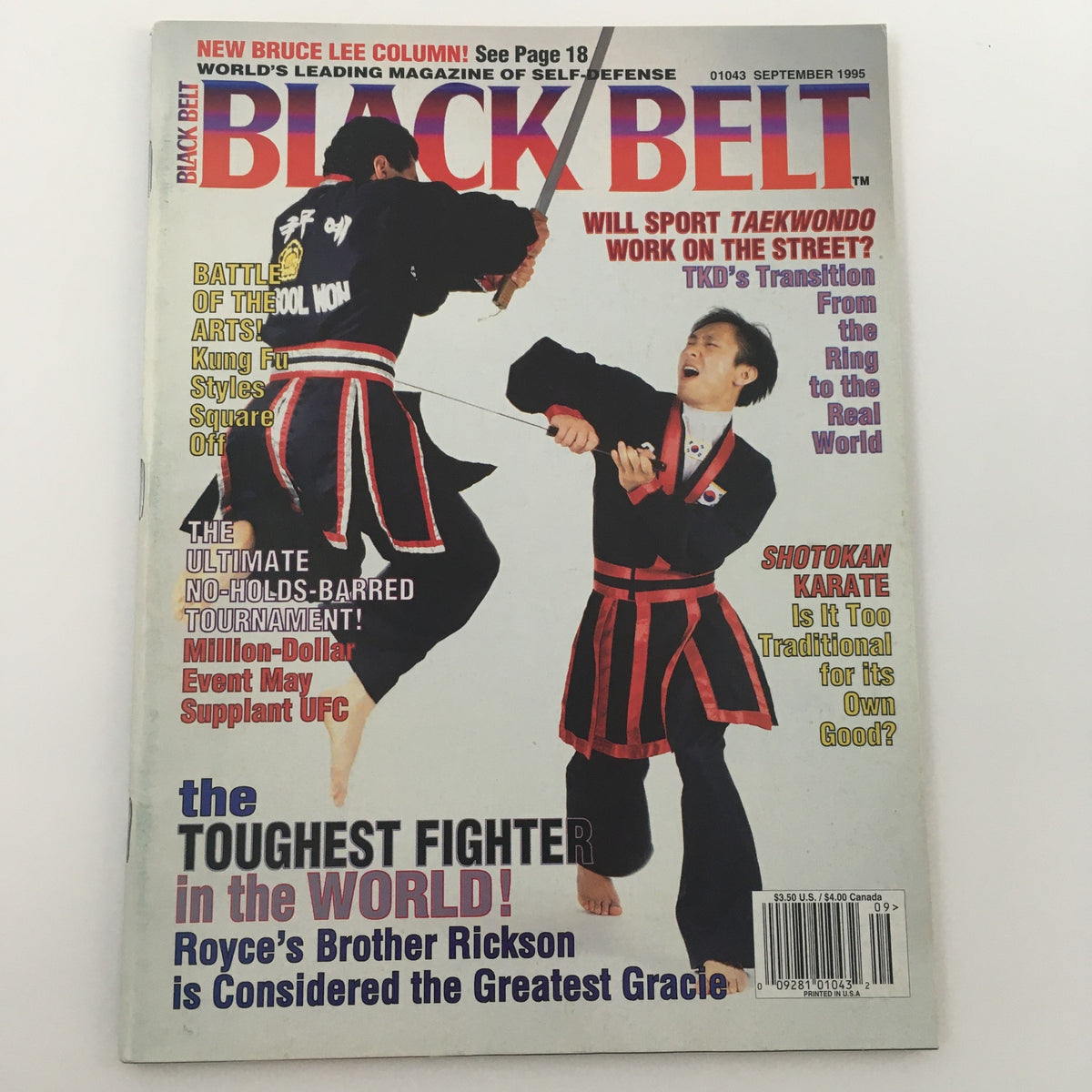 Cover of Black Belt Magazine September 1995 featuring martial artists in action. Highlights include Rickson Gracie considered the greatest Gracie, discussions on karate and taekwondo, and coverage of martial arts tournaments.