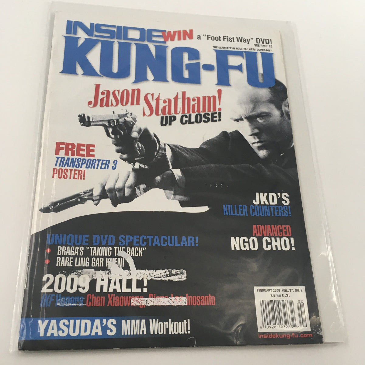 Inside Kung-Fu Magazine February 2009 featuring Jason Statham, with images from Transporter 3 and promotional details about a free poster.