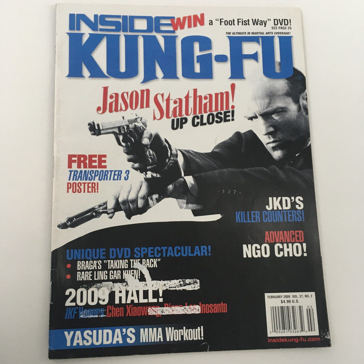 Cover of Inside Kung-Fu Magazine February 2009 showcasing Jason Statham, highlighting unique DVD features and martial arts content.