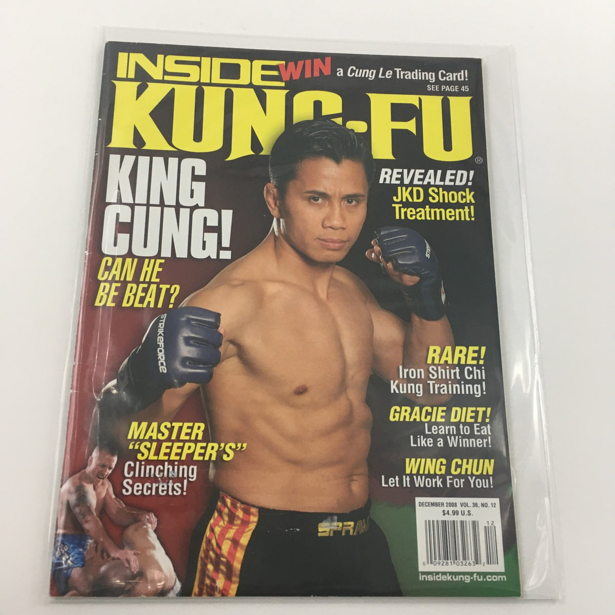 Inside Kung-Fu Magazine December 2008 featuring King Cung on the cover, with text asking 'Can He Be Beat?' showcasing martial arts themes.