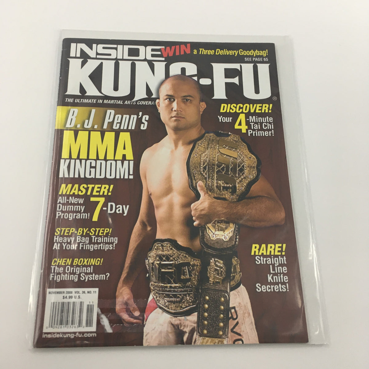 Cover of Inside Kung-Fu Magazine November 2008 featuring B.J. Penn, showcasing his MMA Kingdom, with championship belts and promotion for martial arts training programs.