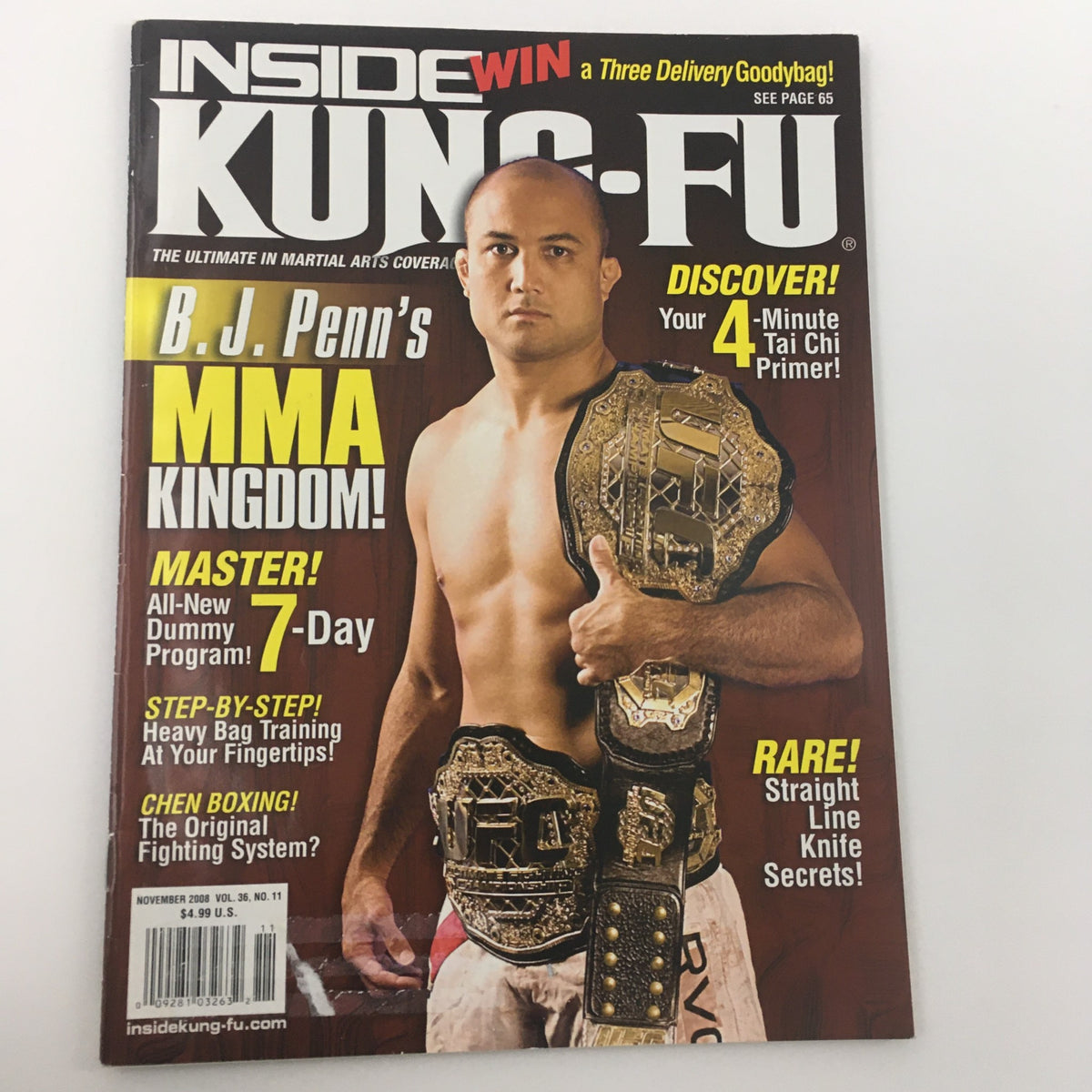 Inside Kung-Fu Magazine November 2008 cover image highlighting B.J. Penn, the MMA champion, with his titles, and content teaser on martial arts techniques.