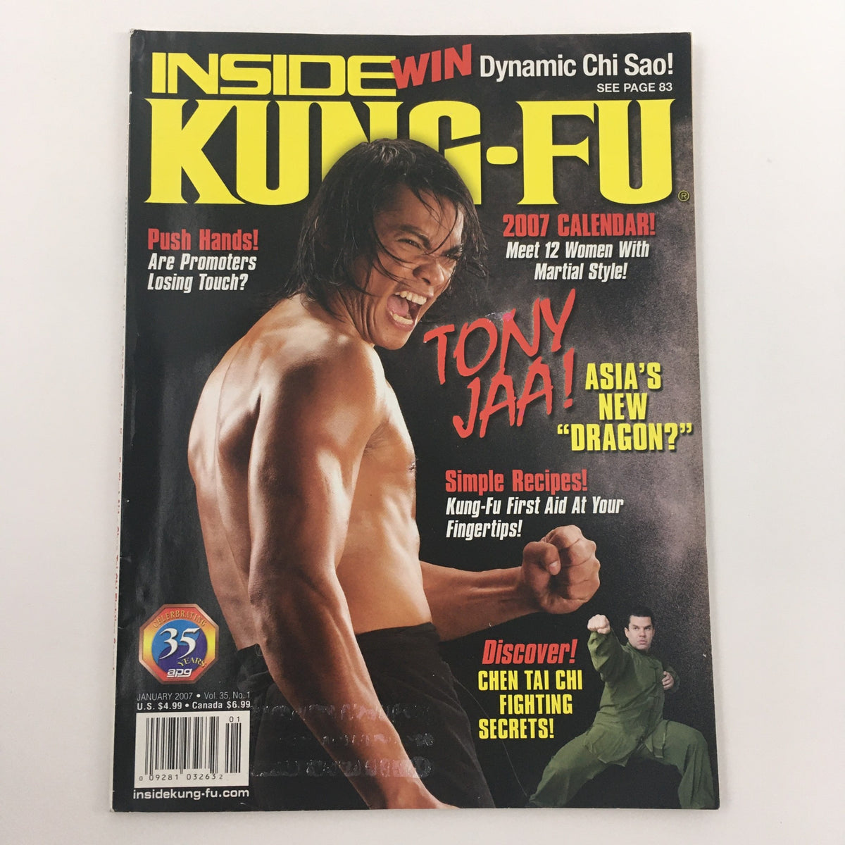 Inside Kung-Fu Magazine January 2007 cover with Tony Jaa, highlighting martial arts themes and magazine features.