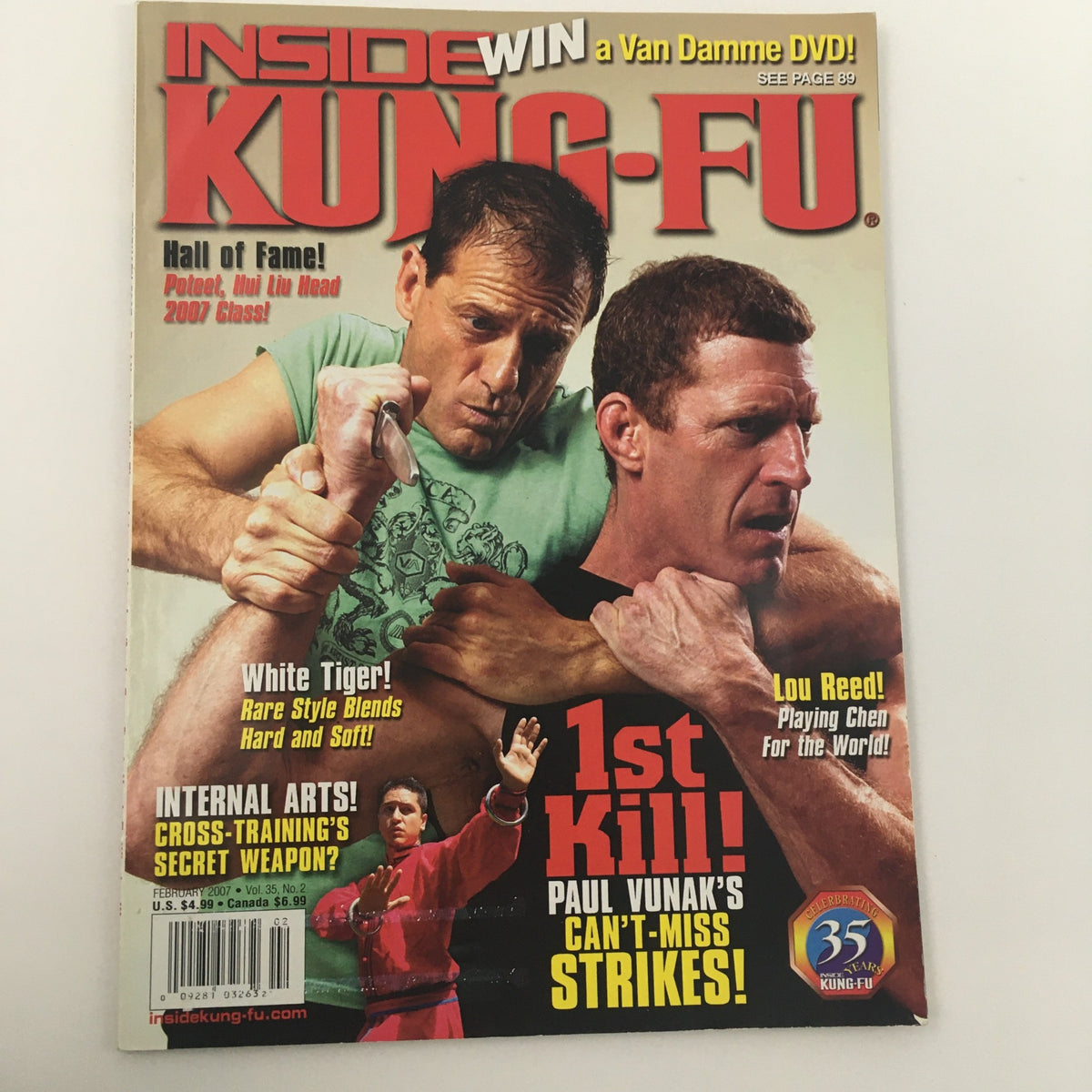 Inside Kung-Fu Magazine February 2007 cover showcasing 1st Kill by Paul Vunak, with Lou Reed featured, reflecting cultural ties between martial arts and music.