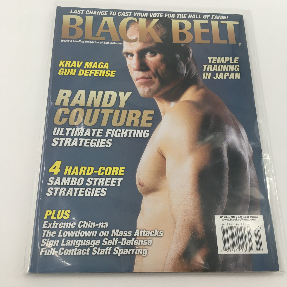 Cover of Black Belt Magazine November 2003 featuring Randy Couture on the front with a focus on ultimate fighting strategies, Krav Maga, gun defense, and Sambo street strategies.