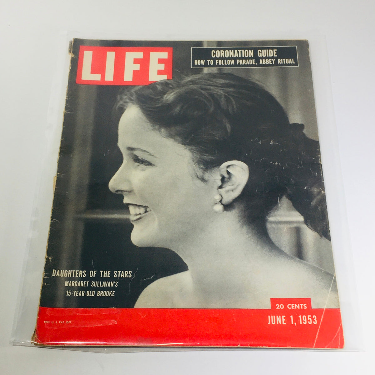 Vintage Life Magazine cover from June 1, 1953 featuring Brooke Hayward, daughter of Margaret Sullivan, showcasing a profile of a smiling young girl with elegant earrings.