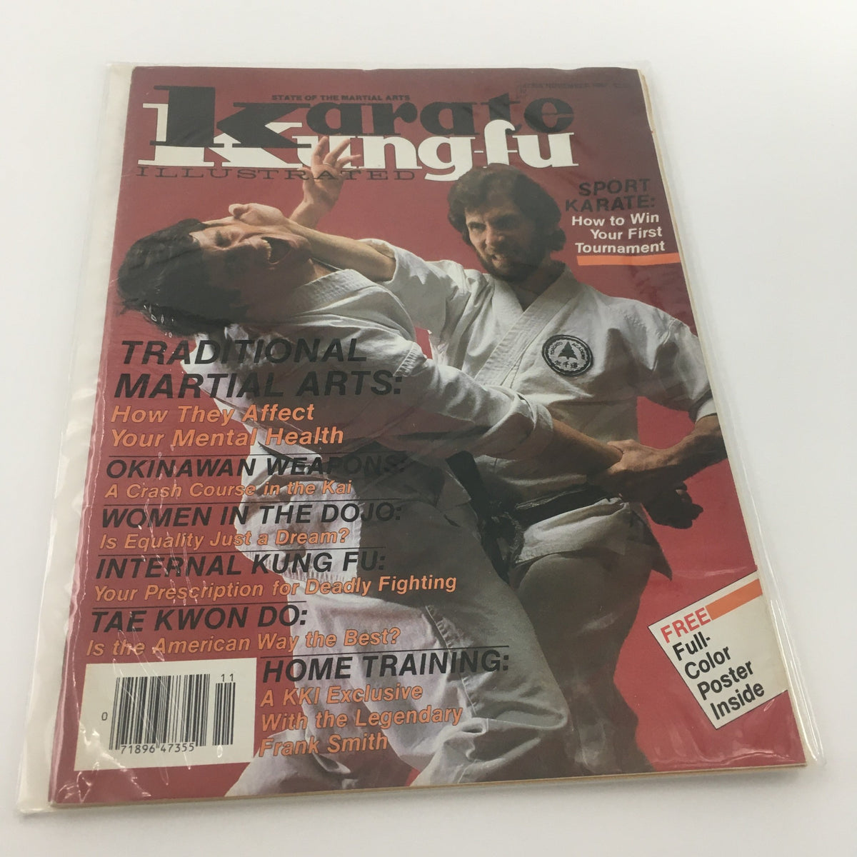 Cover of VTG Karate Kung Fu Illustrated November 1987 featuring legendary Frank Smith, showcasing martial arts techniques and topics such as traditional martial arts, mental health, and a free poster inside.