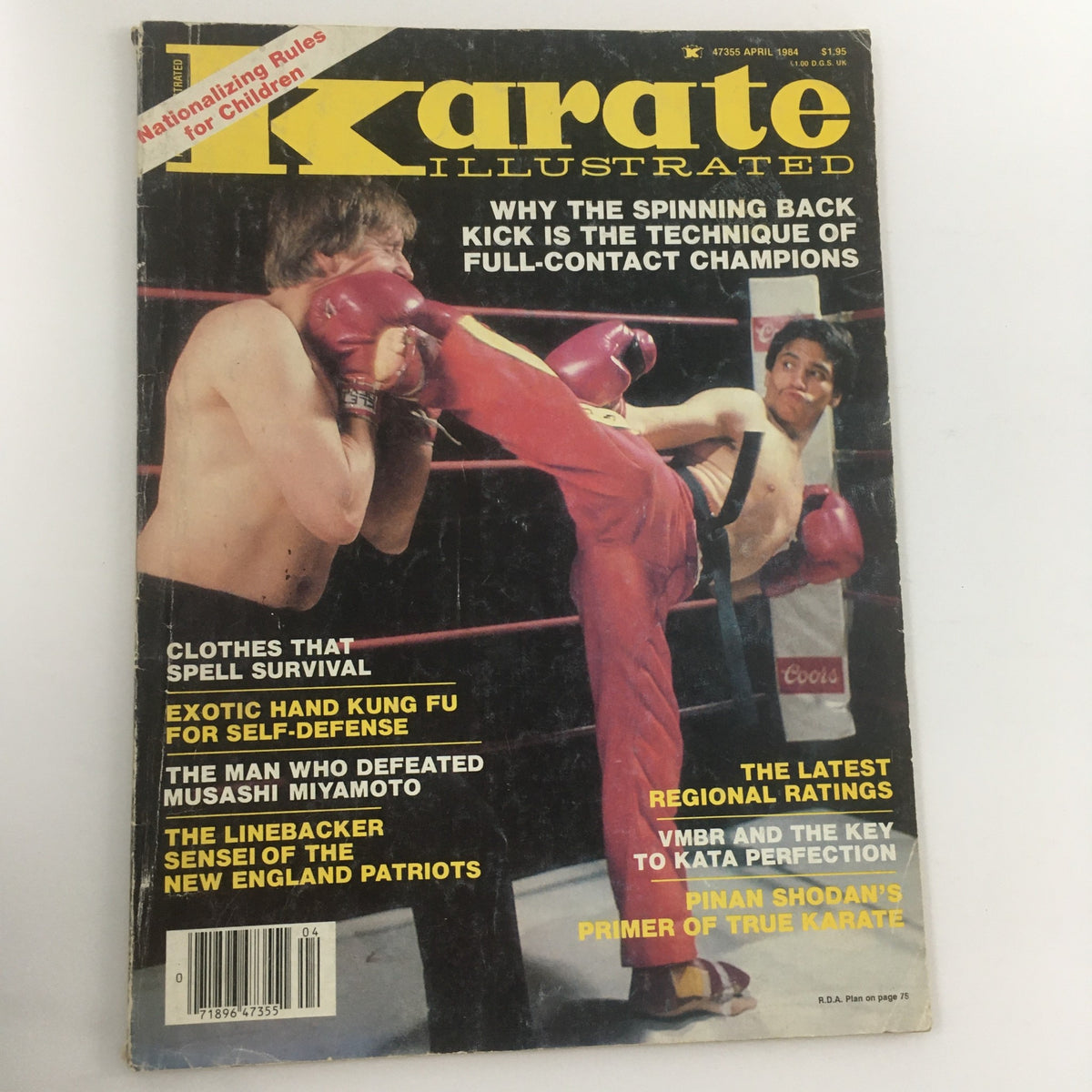 Cover of Karate Illustrated April 1984 featuring two martial artists in a sparring match, with a focus on Pinan Shodan's Primer, valuable for collectors and martial arts enthusiasts.