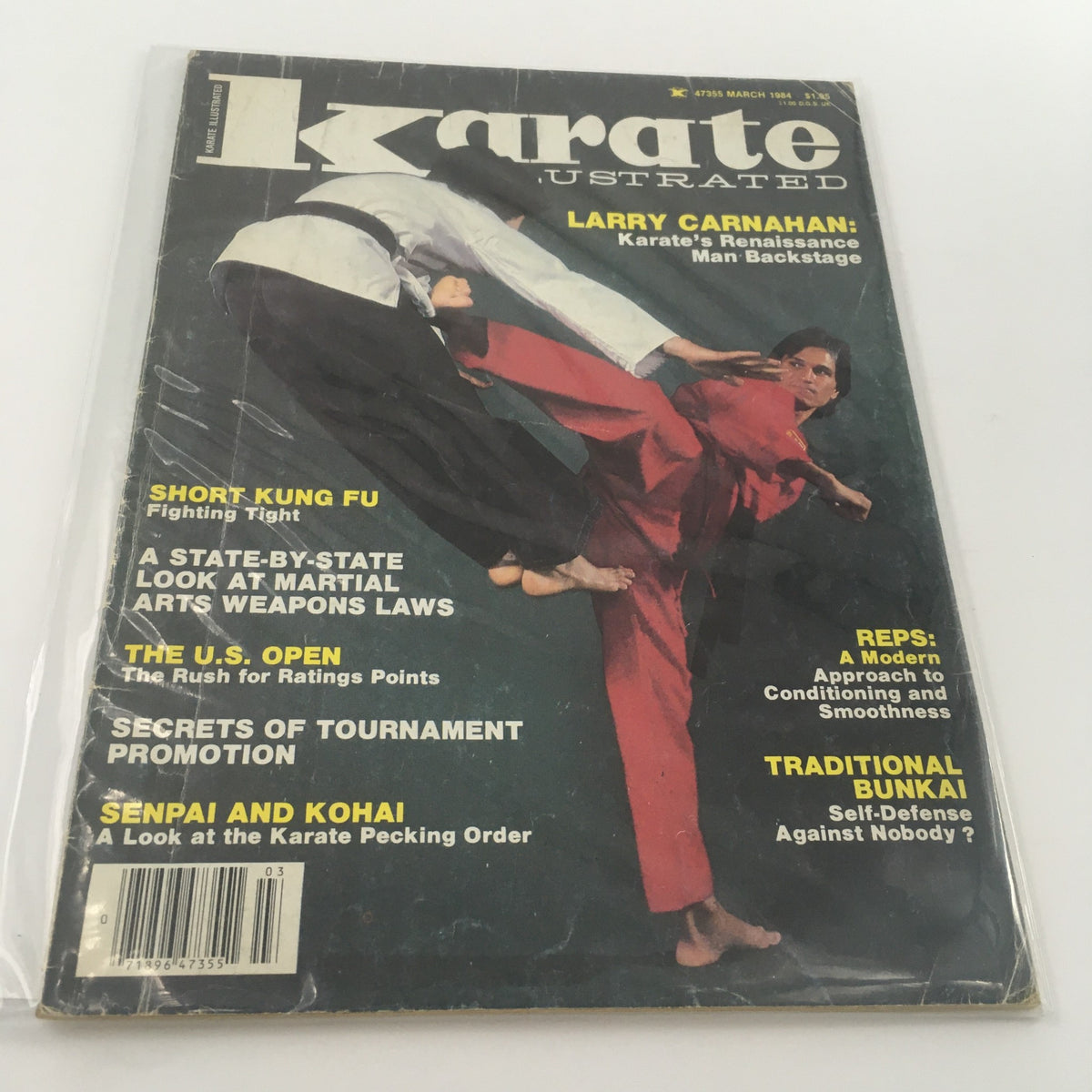 VTG Karate Illustrated March 1984 cover featuring karate practitioners in motion. The title 'Karate Illustrated' prominently displayed, along with 'Larry Carnahan: Karate's Renaissance Man Backstage.' Includes articles on martial arts topics.
