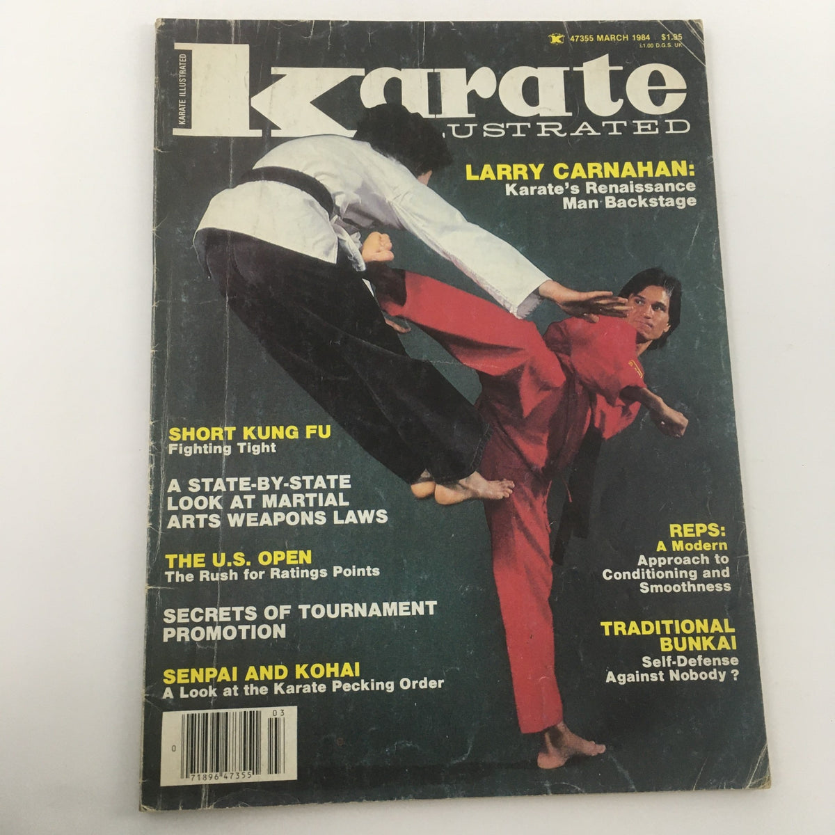 VTG Karate Illustrated March 1984 magazine cover showing martial artists executing techniques. The title 'Karate Illustrated' and feature on 'Larry Carnahan: Karate's Renaissance Man Backstage' are clearly visible, highlighting various martial arts articles.