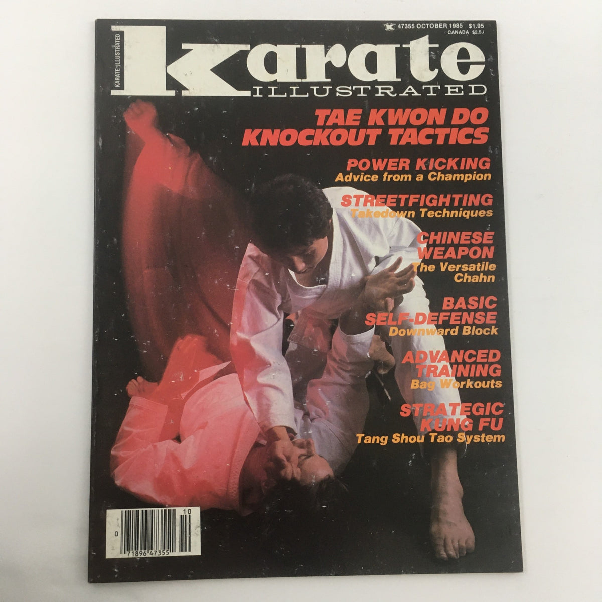 Front cover of 'Karate Illustrated' October 1985 showcasing knockout tactics in Tae Kwon Do, power kicking tips, and advanced training insights. A historical magazine highlighting key martial arts concepts.