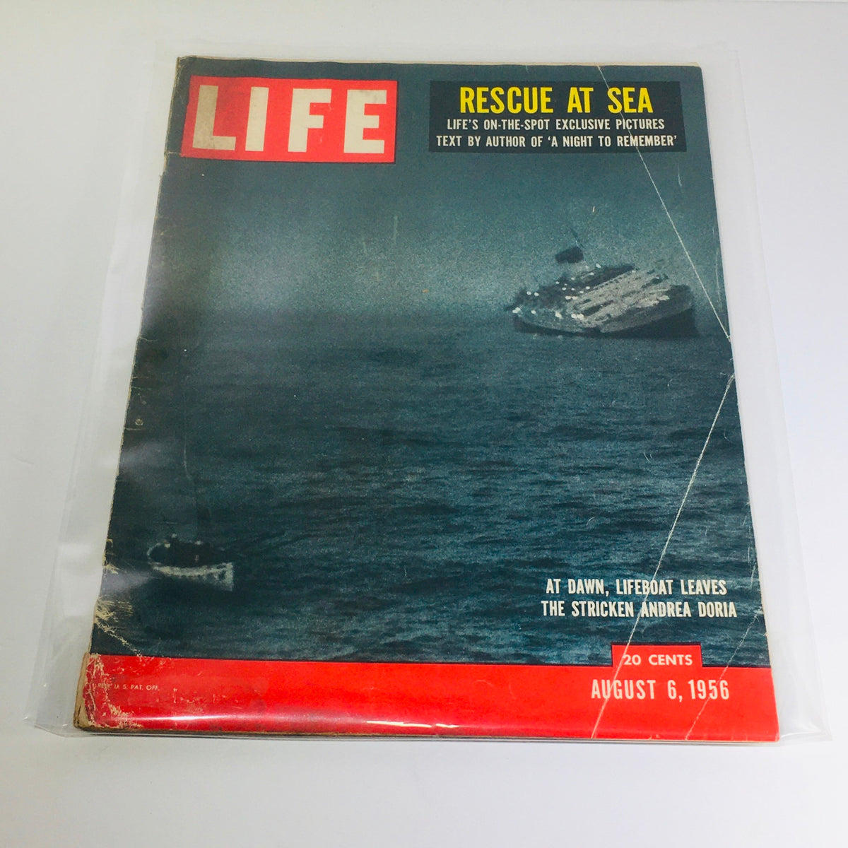 Vintage Life Magazine cover from August 6, 1956, featuring the title 'Rescue at Sea' with an image of the Andrea Doria ship in rough waters and lifeboats nearby.