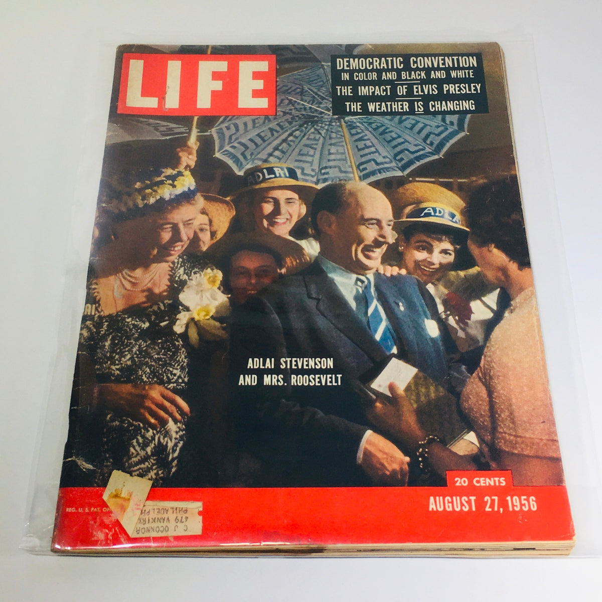 Vintage Life Magazine cover from August 27, 1956 featuring Adlai Stevenson and Mrs. Roosevelt, highlighting the Democratic Convention and Elvis Presley.