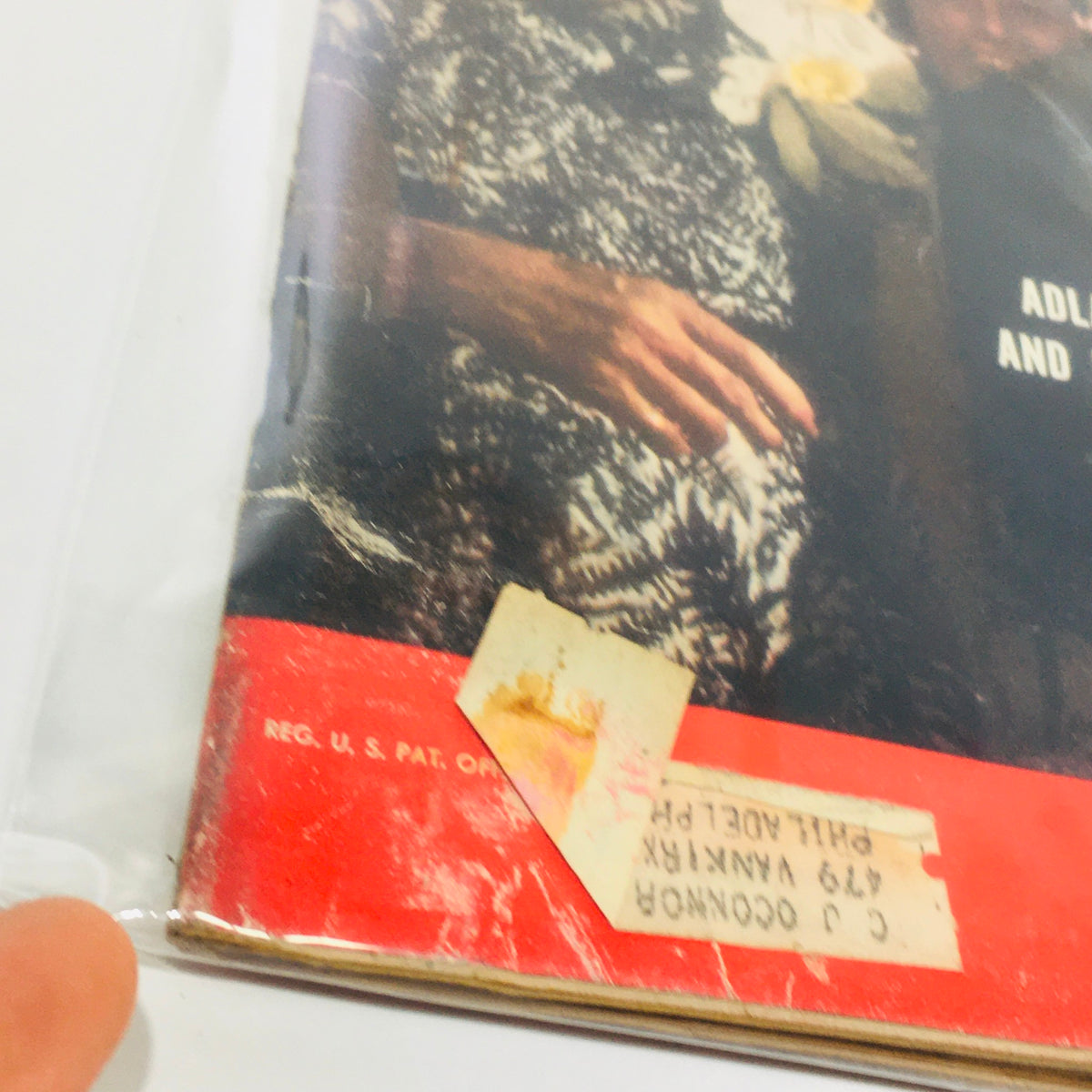 Close-up of the Vintage Life Magazine cover from August 27, 1956, showcasing Adlai Stevenson and Mrs. Roosevelt with a visible address label.