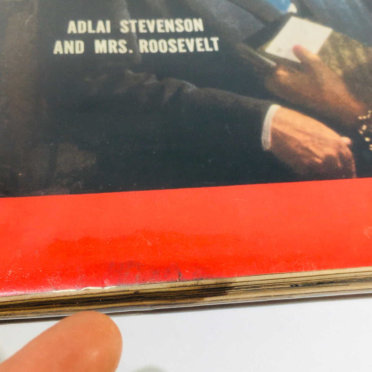 Side view of the Vintage Life Magazine from August 27, 1956, emphasizing the title featuring Adlai Stevenson and Mrs. Roosevelt.