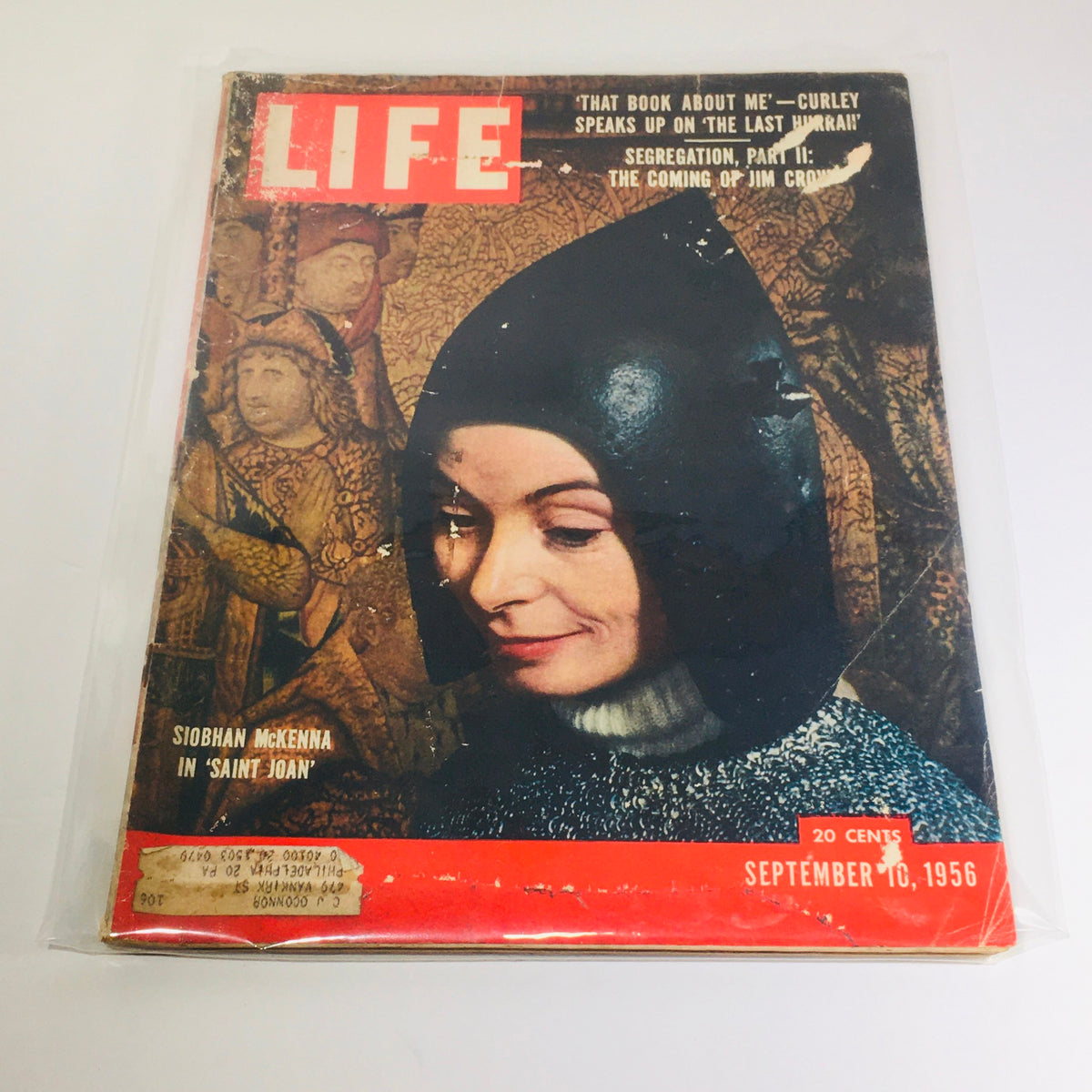 Vintage Life Magazine cover from September 10, 1956, featuring actress Siobhan McKenna in a costume for 'Saint Joan.' The cover includes headlines about 'That Book About Me' and segregation issues related to Jim Crow, highlighting mid-20th century cultural and social themes.