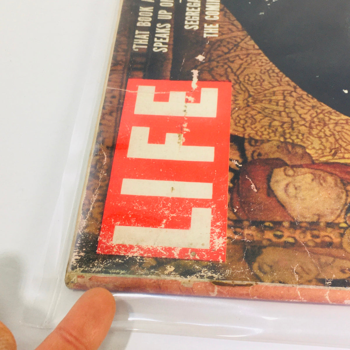 Close-up of the Vintage Life Magazine label, highlighting the word 'LIFE' from the September 10, 1956 issue.
