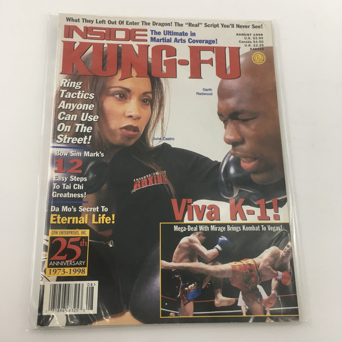 Cover of Inside Kung Fu Magazine August 1998 featuring June Castro and Garth Redwood, highlighting martial arts topics and techniques.