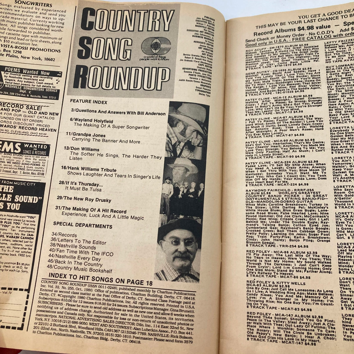 Inside page of the VTG Country Song Roundup Magazine from October 1980, showcasing the feature index and articles related to prominent country music artists.