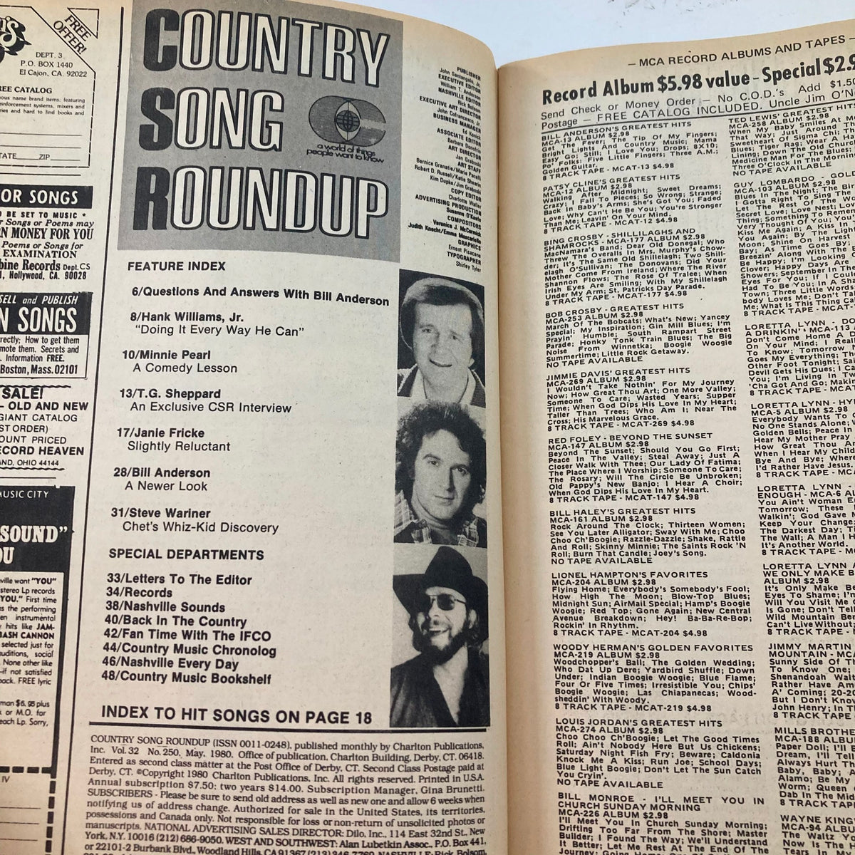 Inside view of the VTG Country Song Roundup Magazine May 1980, displaying the feature index including articles on Bill Anderson, T.G. Sheppard, and Hank Williams Jr.