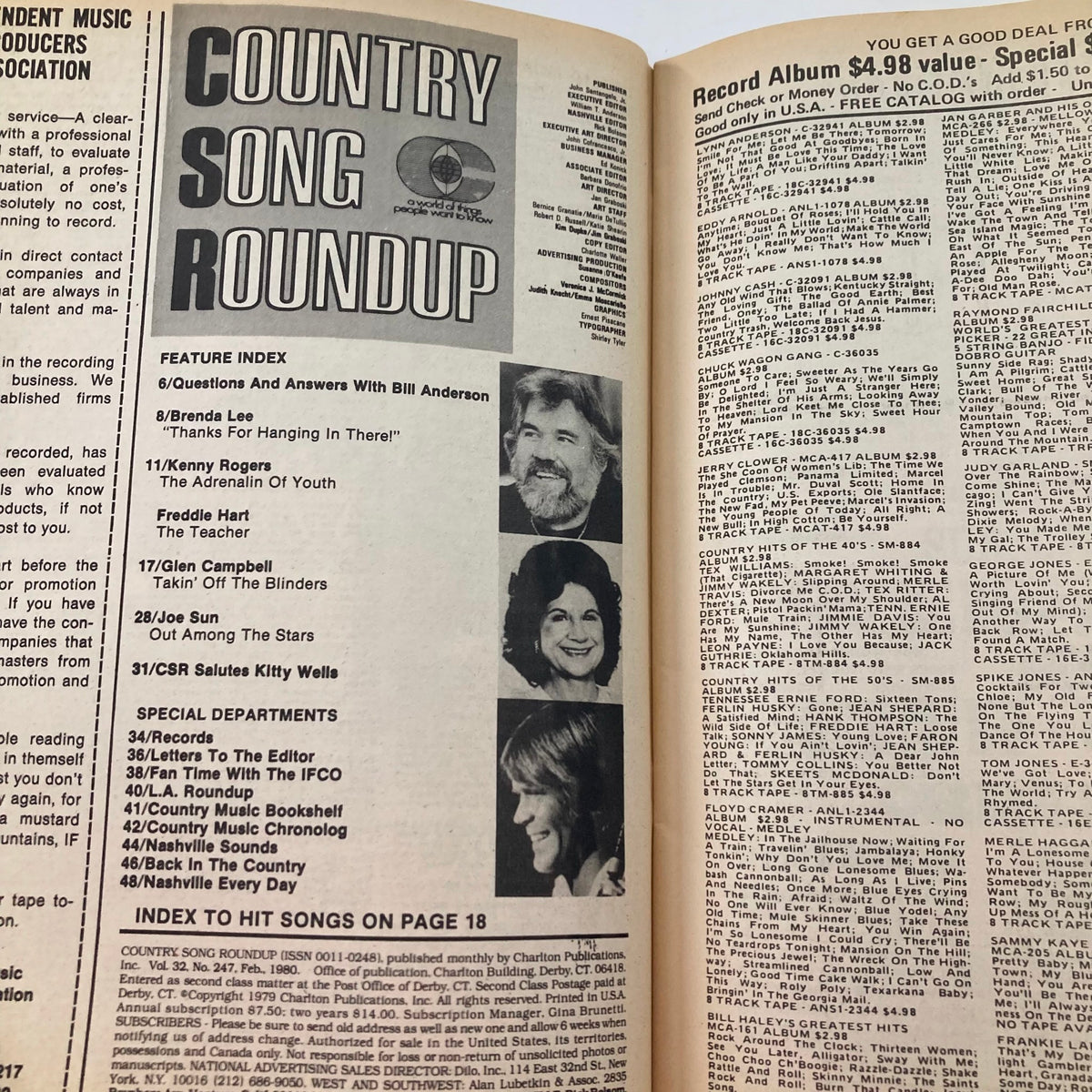 Inside page of VTG Country Song Roundup Magazine February 1980 showing the feature index and notable articles including interviews with Glen Campbell and other country music stars.