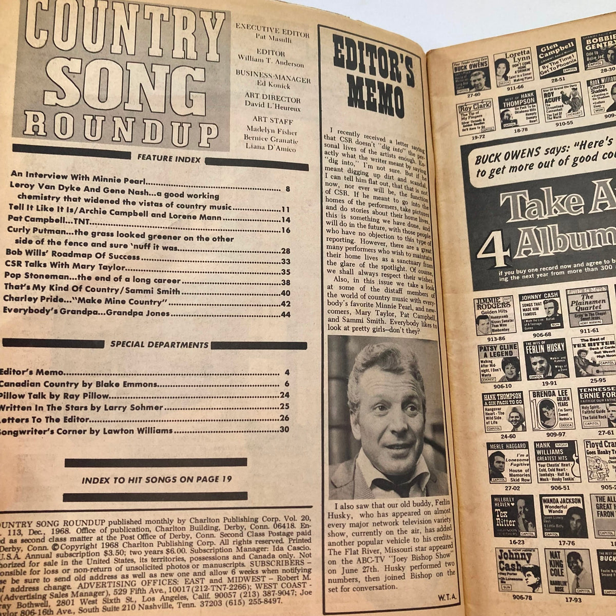 Inside page of VTG Country Song Roundup Magazine December 1968 showcasing feature index and editor's memo, delivering insights into country music and artist interviews.