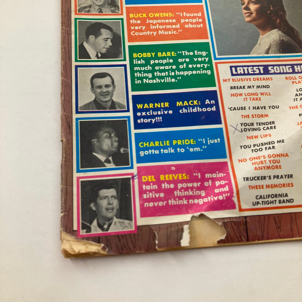 Back cover details of VTG Country Song Roundup Magazine December 1967 showcasing featured country music artists, including Buck Owens and Bobby Bare.