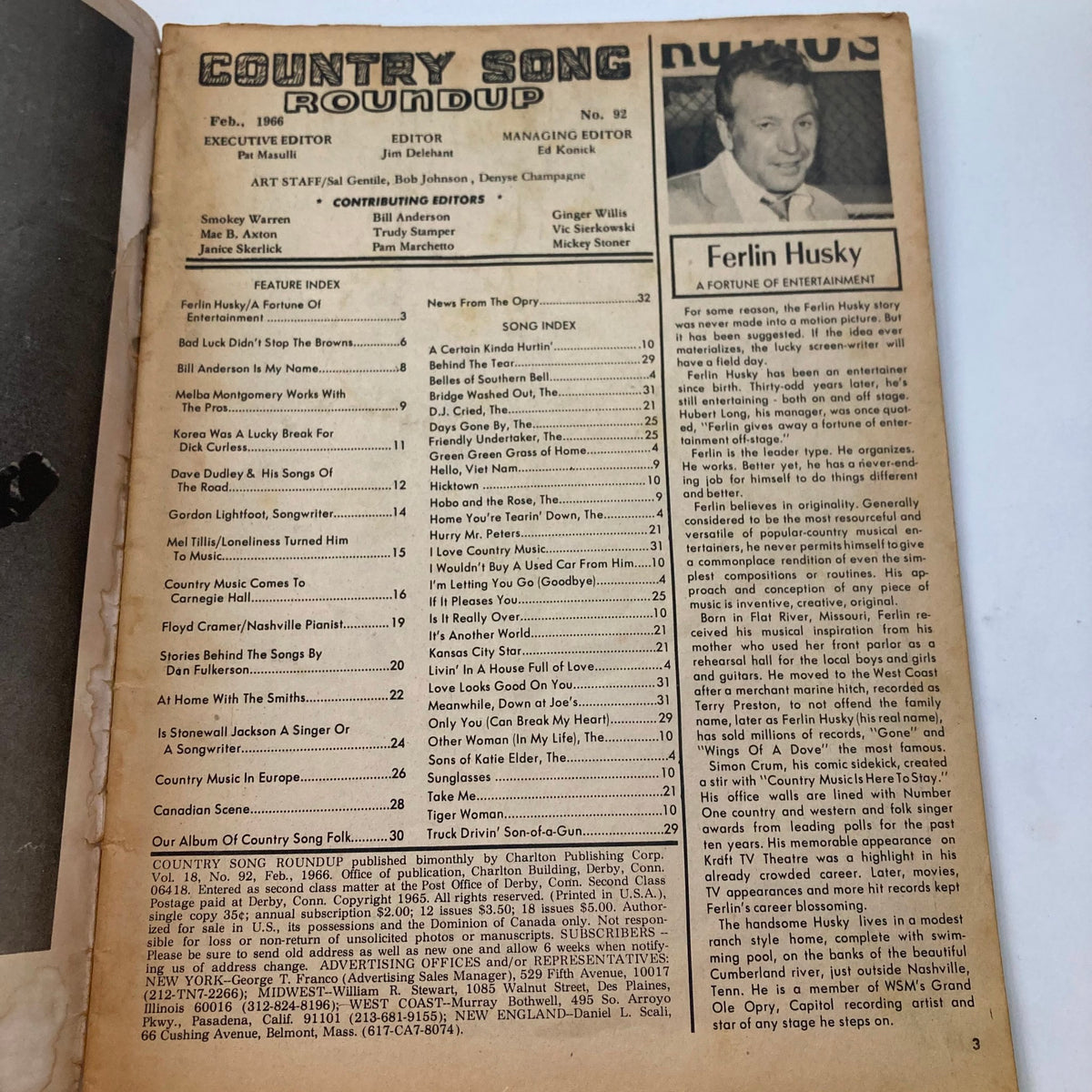 Inside page of the February 1966 Country Song Roundup Magazine displaying the feature index and editorial content about Ferlin Husky and other country music highlights.