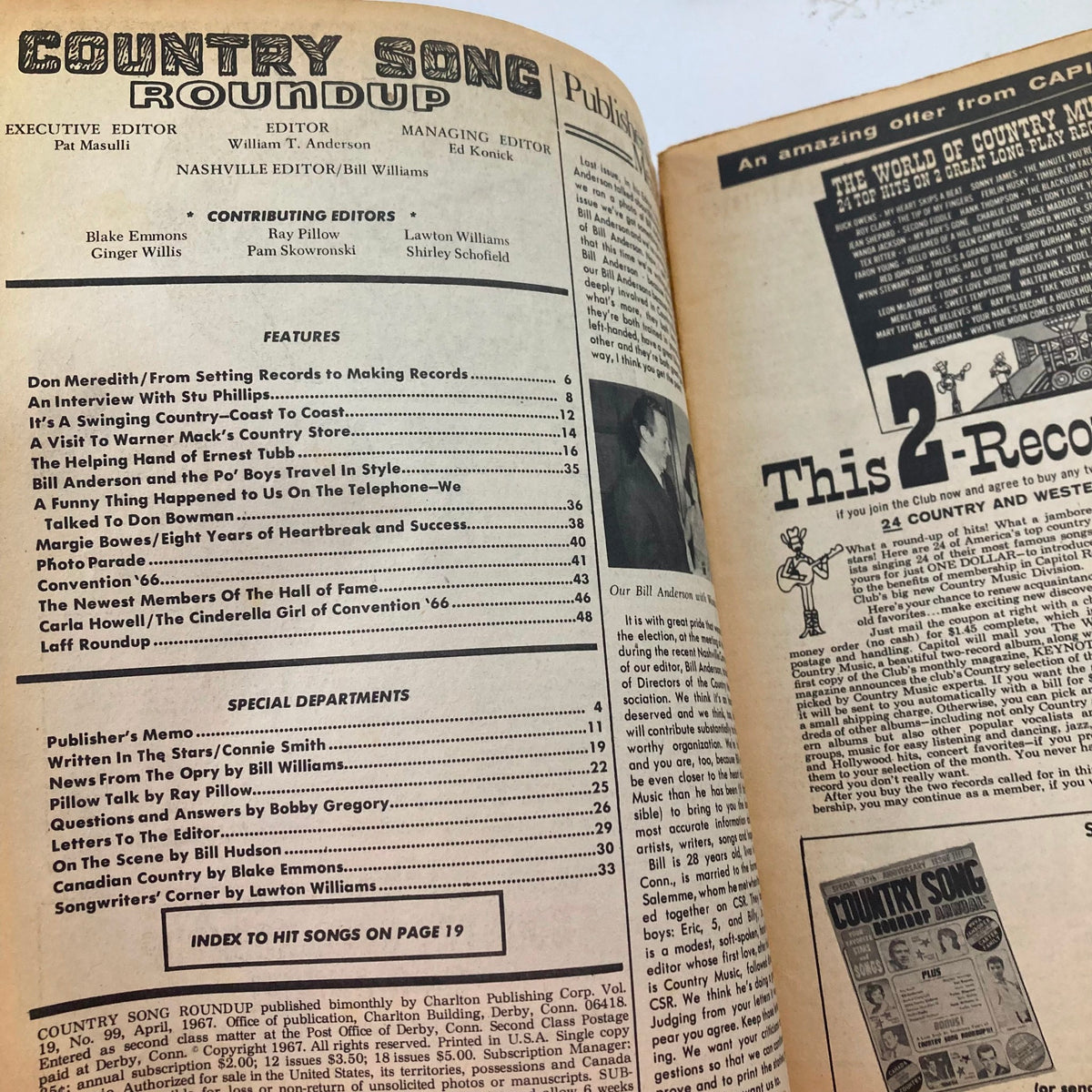 Inside page of VTG Country Song Roundup Magazine April 1967 showcasing the editorial team and features including interviews and articles about country music.