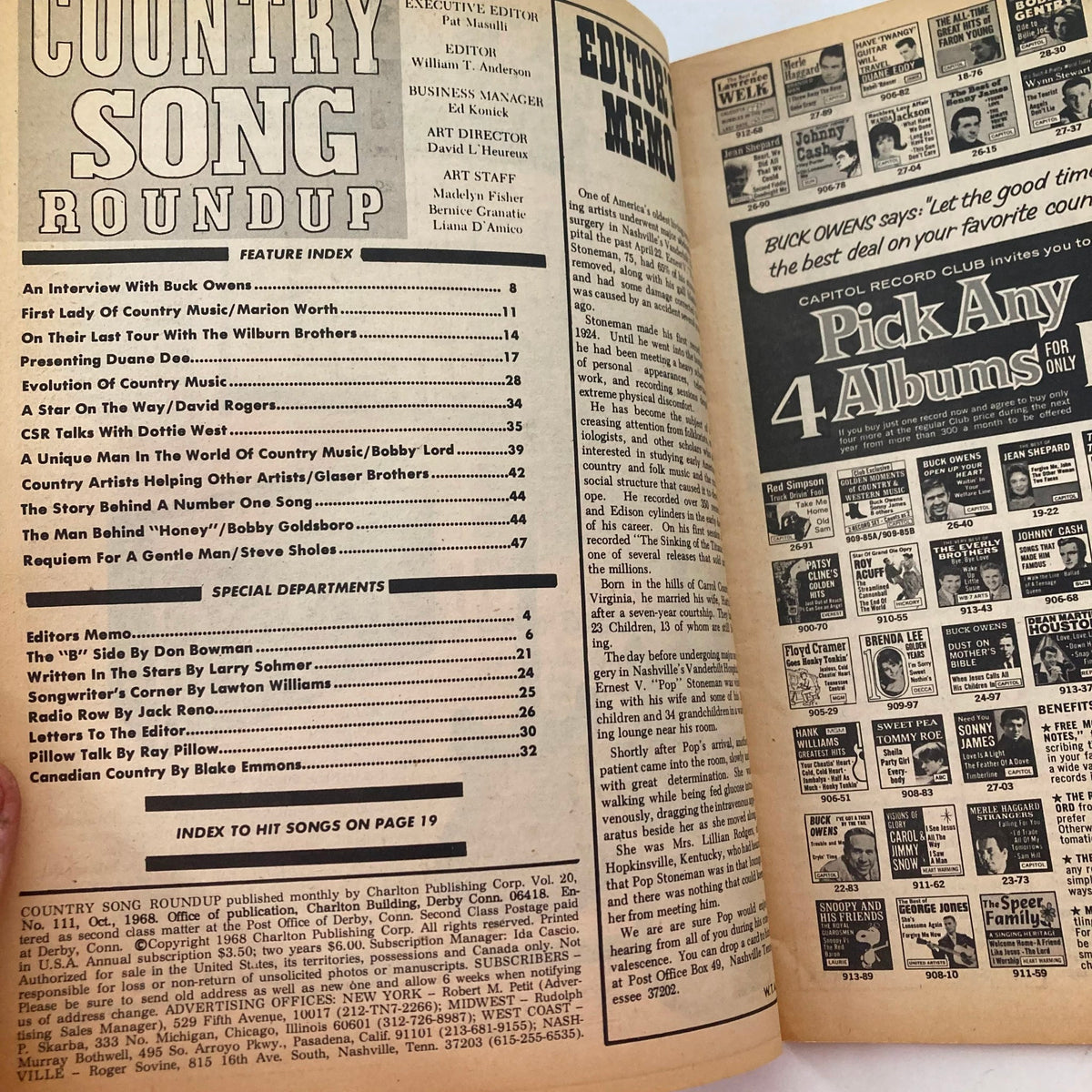 Inside pages of VTG Country Song Roundup Magazine October 1968, featuring the table of contents and editor's notes, highlighting articles about country music legends.