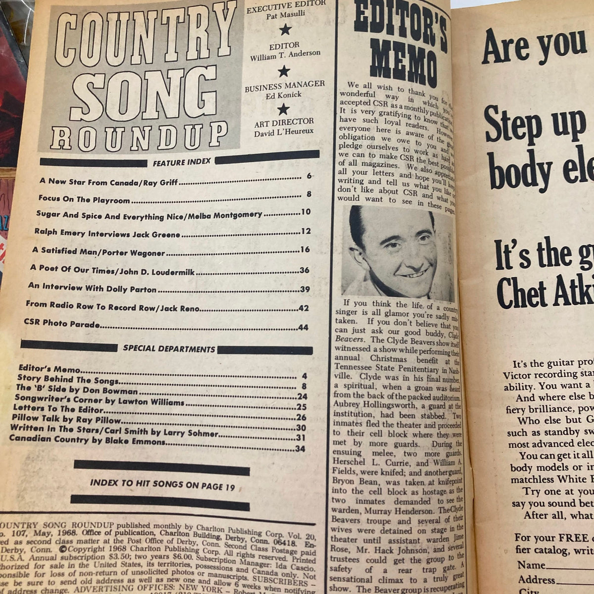 Interior page of VTG Country Song Roundup Magazine from May 1968, highlighting the feature index, stories, and artist interviews.