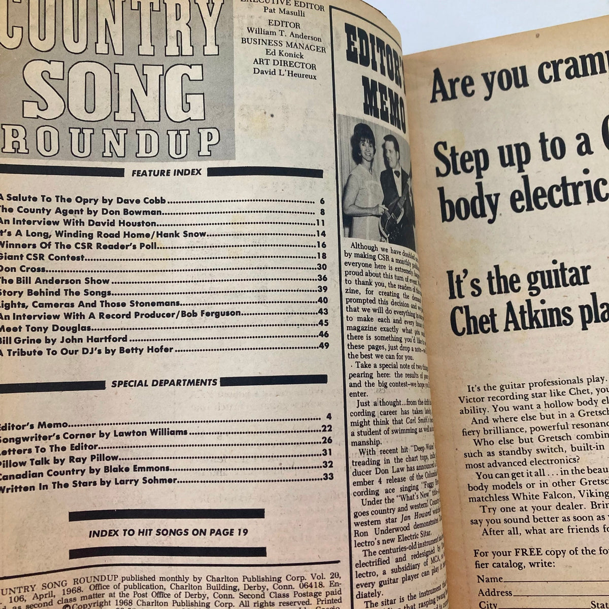 Inside page of VTG Country Song Roundup Magazine April 1968, displaying articles, feature index, and editor's memo related to country music.