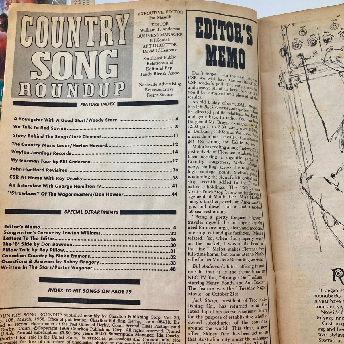 Contents page of VTG Country Song Roundup Magazine March 1968, displaying the feature index and editor's memo.