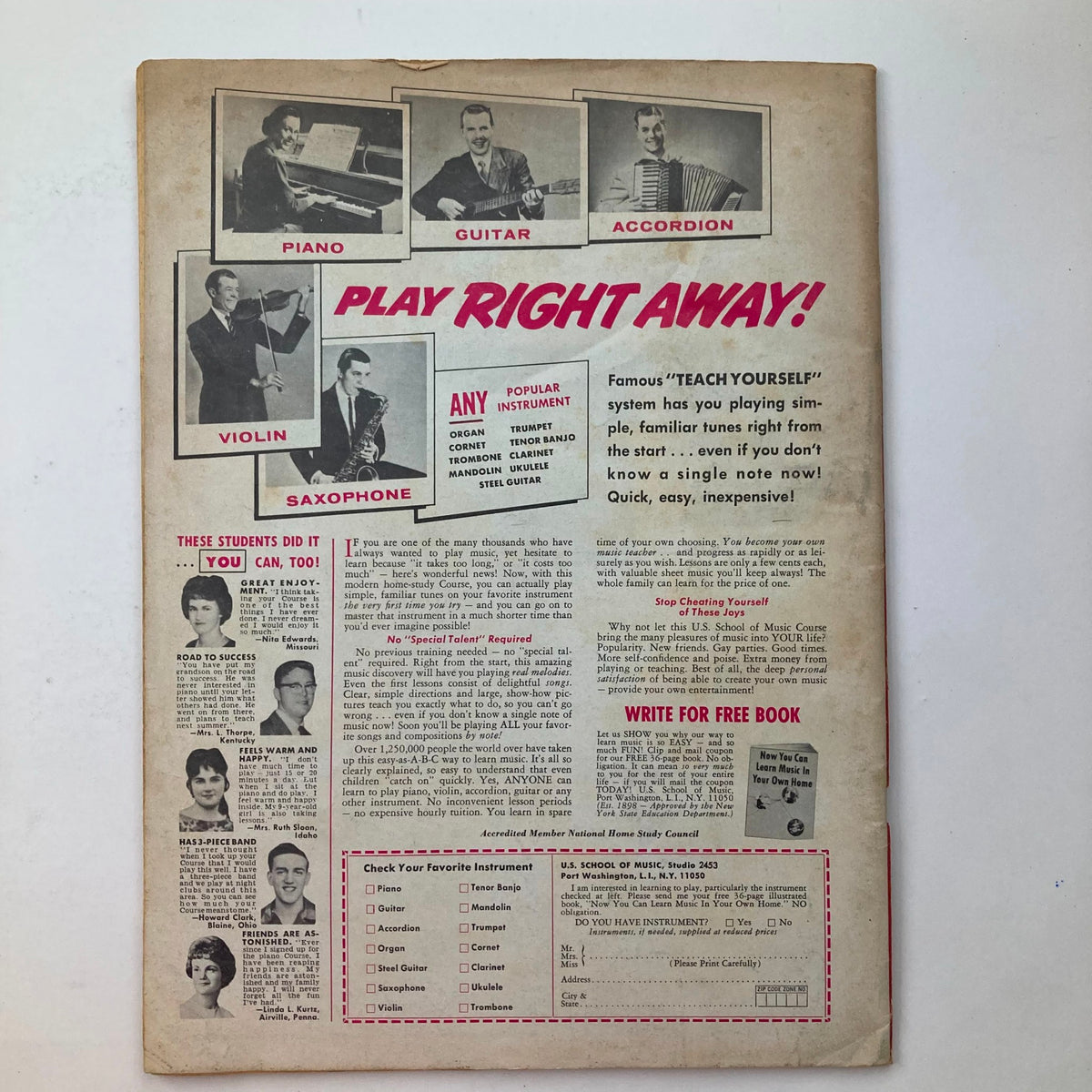 Back cover of the VTG Country Song Roundup Magazine March 1968, featuring a 'Teach Yourself' music advertisement and pictures of musicians playing various instruments.